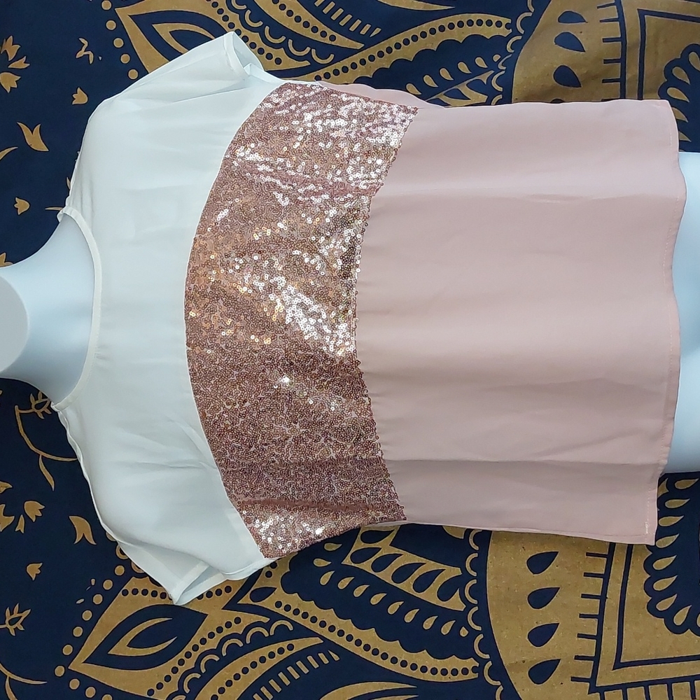 Colorblock Contrast Cut and Sew Curved Hem Shein Sequin Shirt 11/12 yr